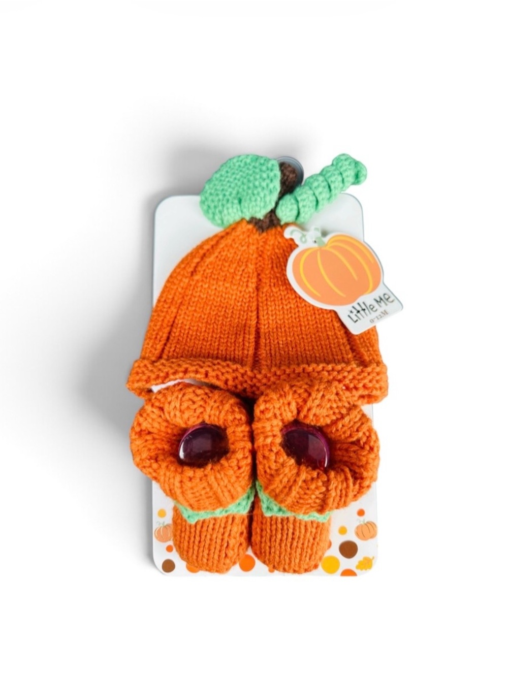 Little Me Orange Pumpkin Knit Hat & Booties with Green Stem Detail